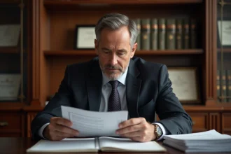 Homme d'affaires lisant des documents officiels dans un bureau élégant