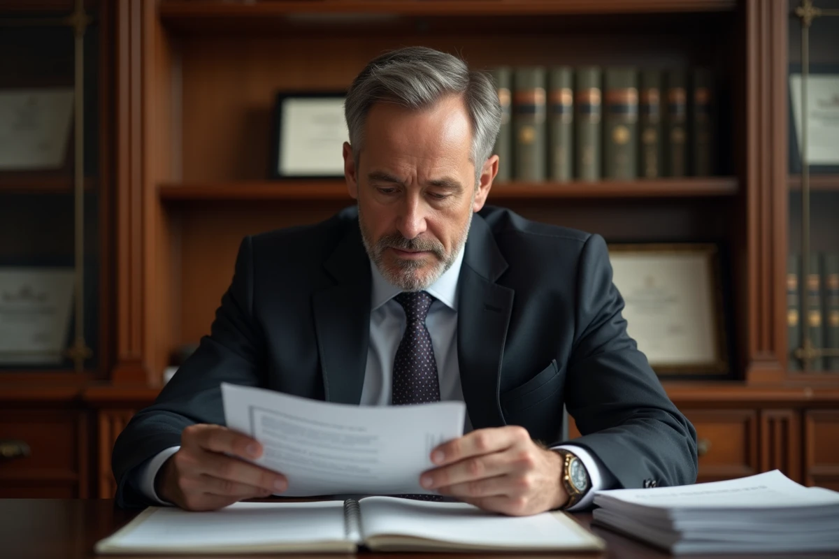 Homme d'affaires lisant des documents officiels dans un bureau élégant