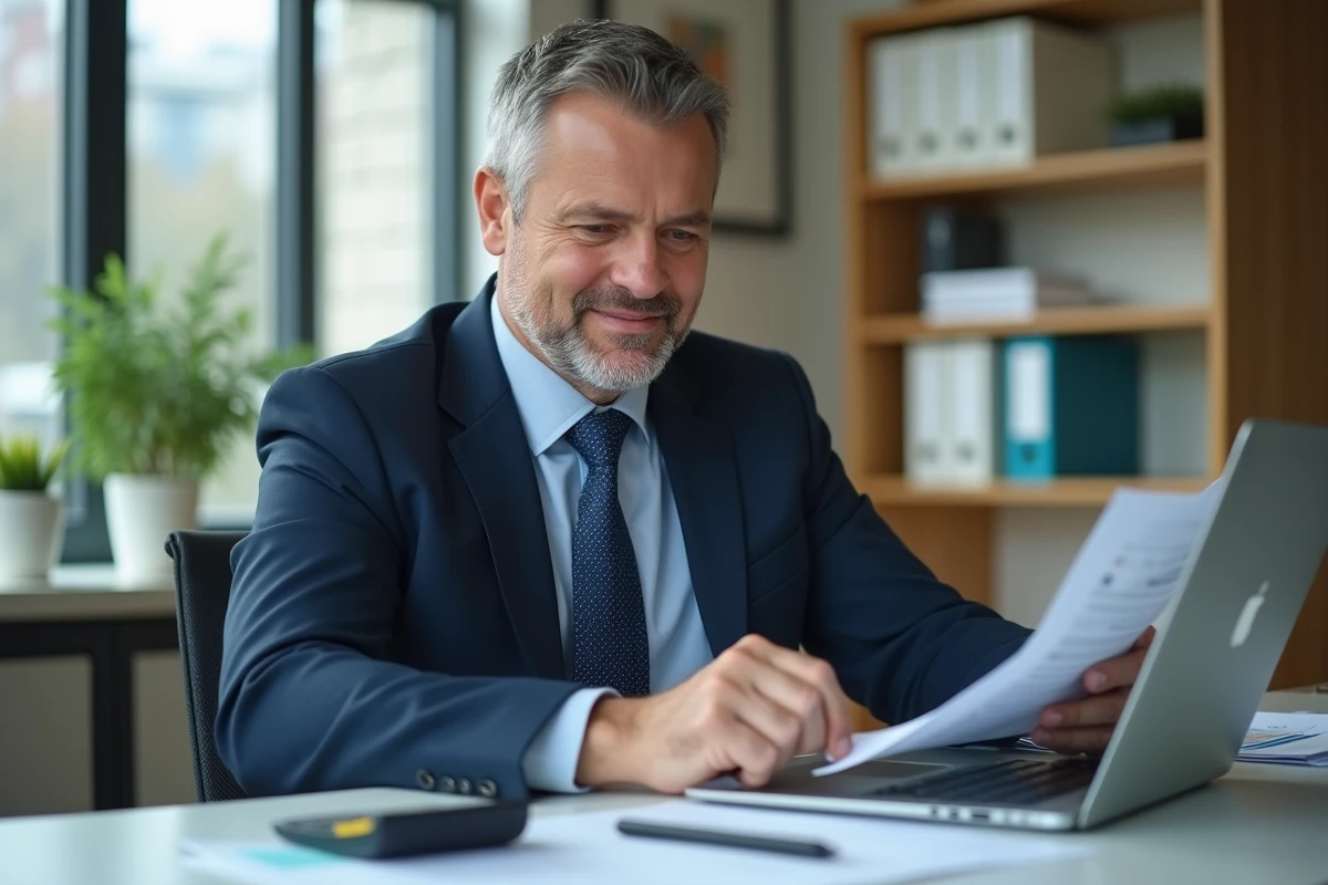 Homme d'affaires en costume bleu examinant des documents financiers