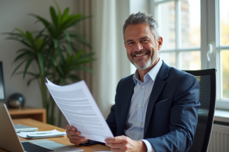 Homme d'affaires souriant avec documents fiscaux dans un bureau