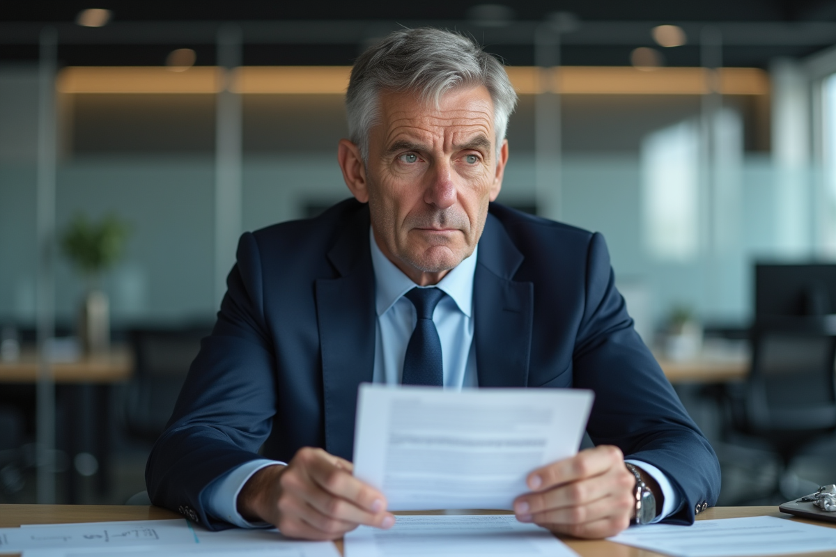 Homme d'affaires en costume lisant un document sérieux