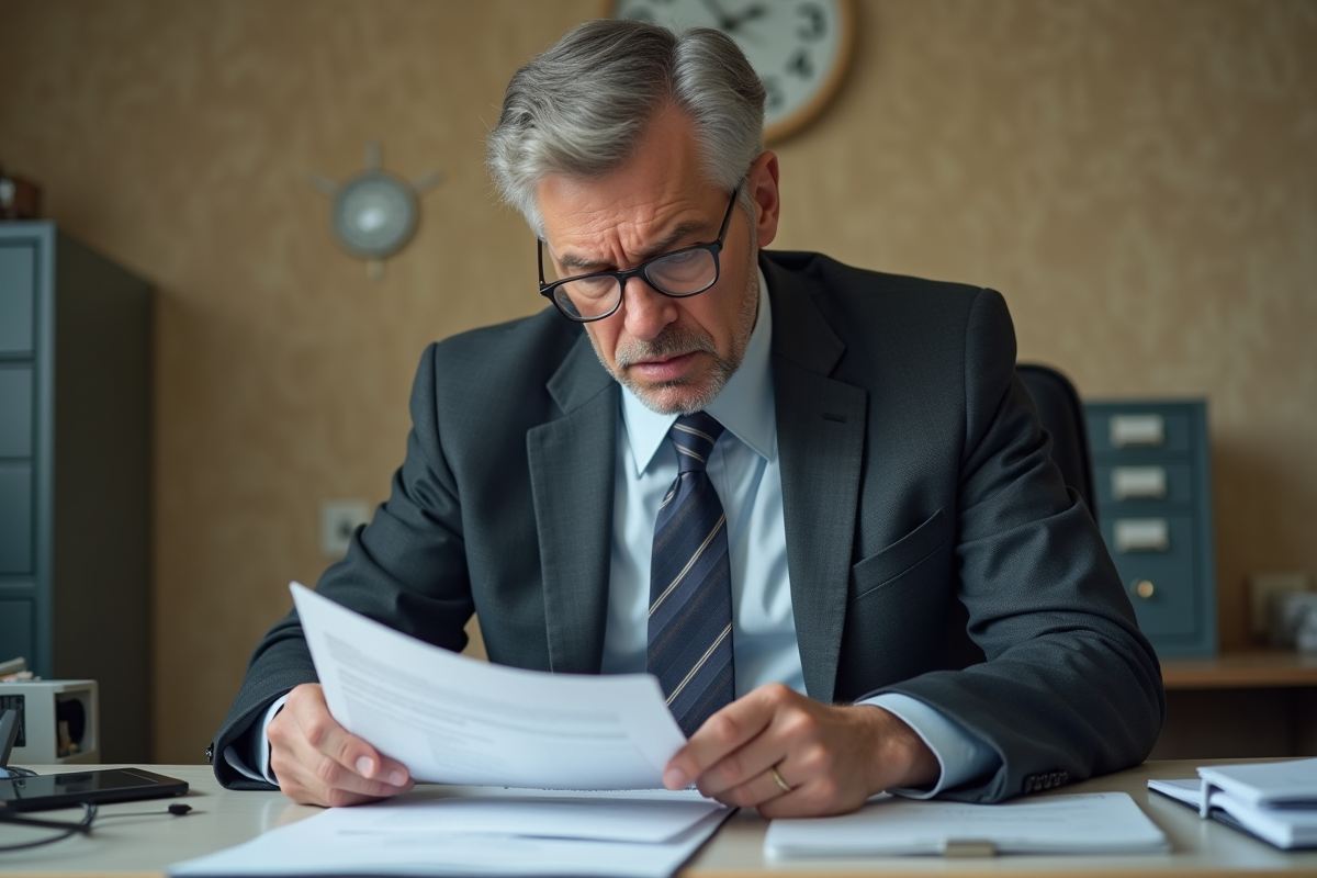 Homme d'affaires en costume au bureau examinant des papiers