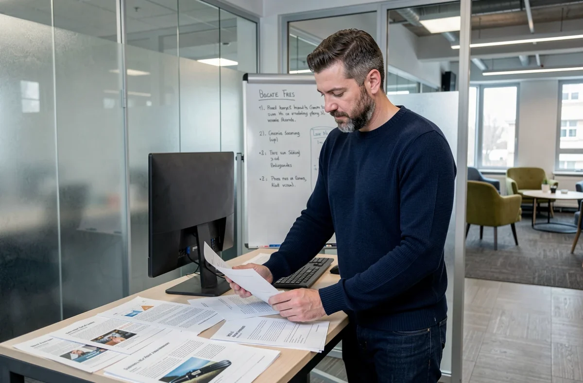 Homme debout à un bureau réglable dans un espace de coworking partagé, examinant des documents professionnels dans une zone de travail calme