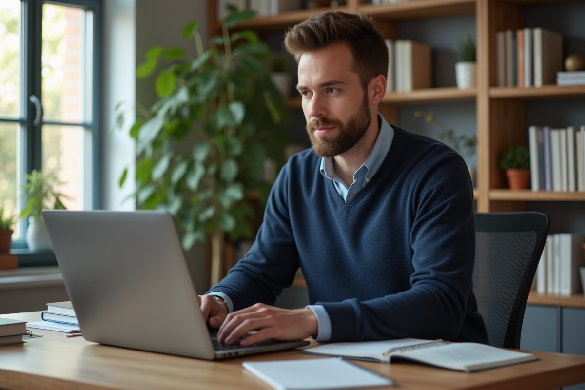 Homme d'âge moyen travaillant sur son ordinateur dans un bureau moderne