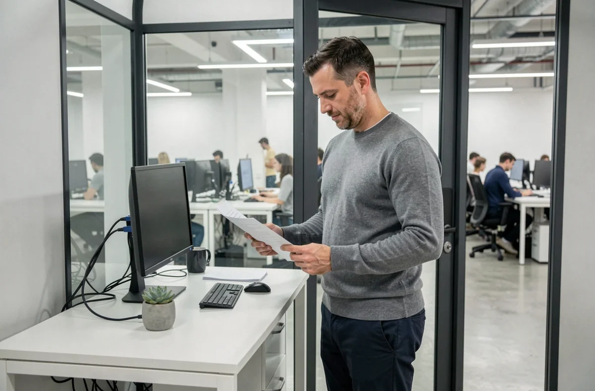 Homme debout dans un bureau privatif en coworking avec vue sur l'espace ouvert en arrière-plan