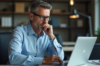Homme d'âge moyen au bureau regardant un site web