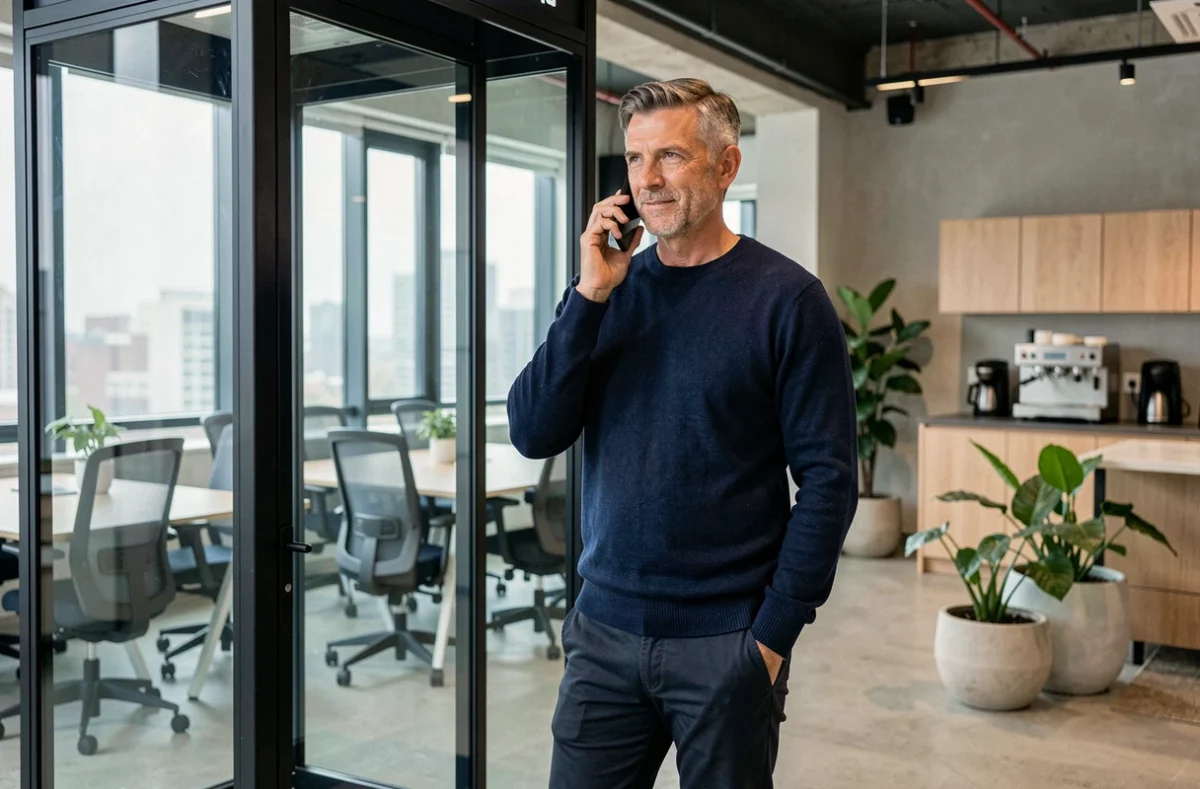 Homme utilisant un espace téléphonique privatif dans un coworking à Nice