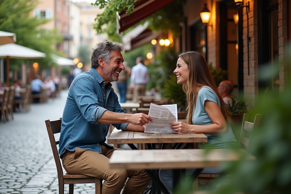 Homme en casual échangeant un flyer avec une femme dans un café extérieur
