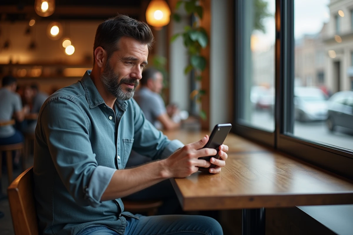 Homme au café regardant son smartphone avec curiosite