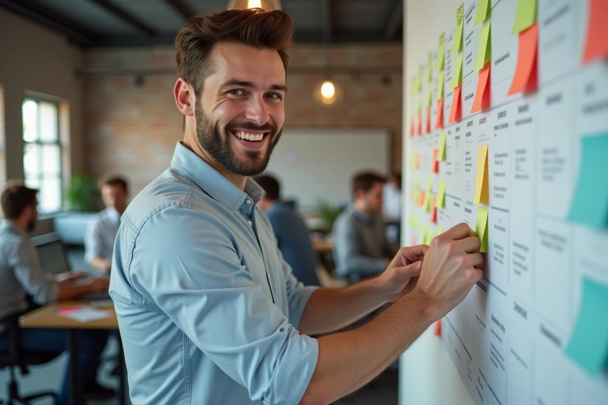 Jeune homme marquant des dates sur un calendrier au bureau