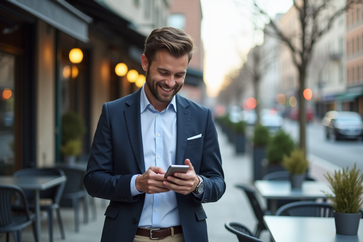 Homme souriant répondant à des notifications sociales