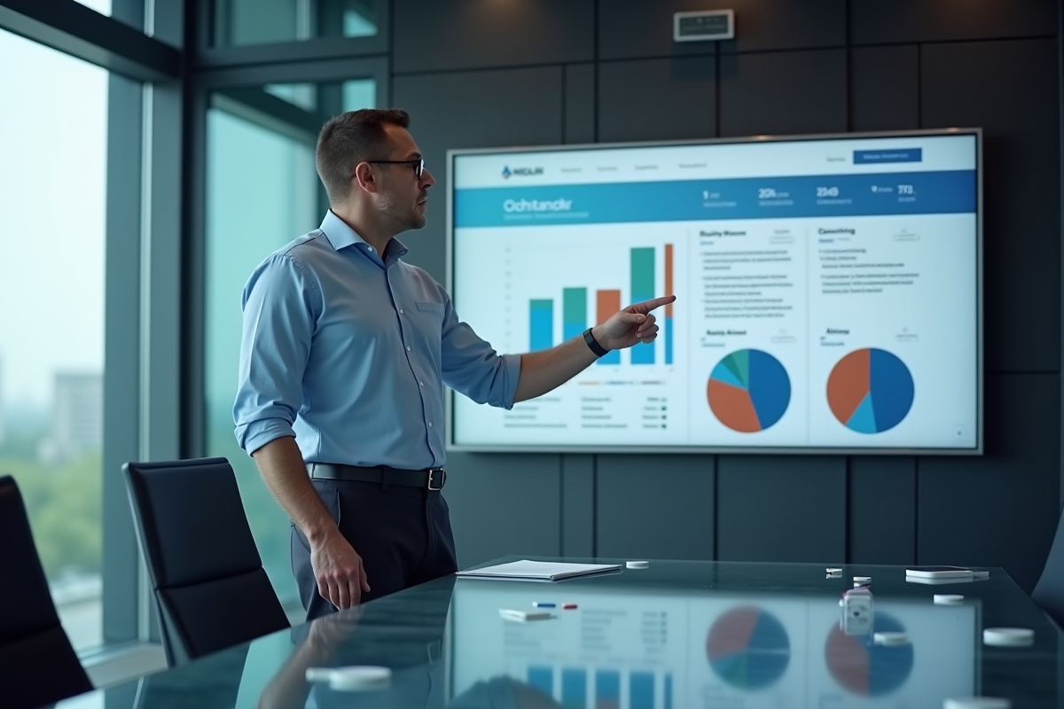 Homme en réunion analysant un tableau de bord numérique