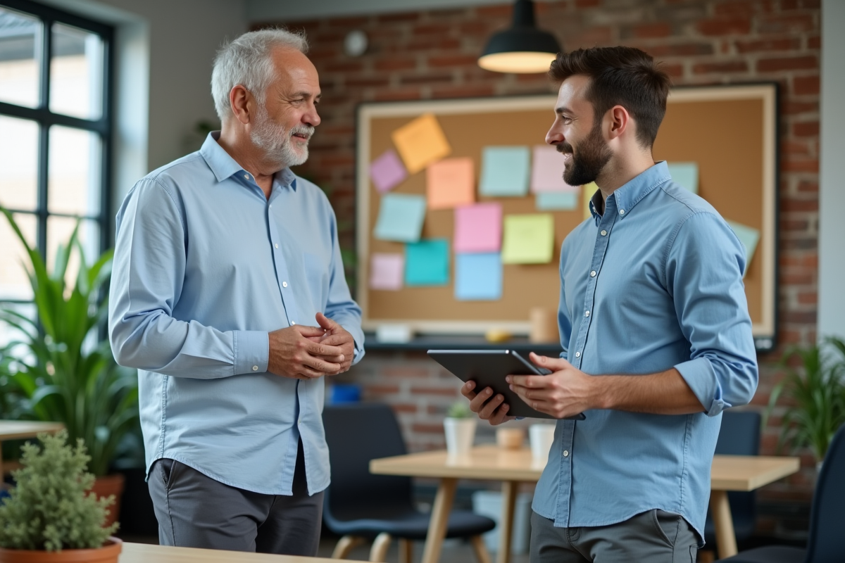 Homme en chemise bleue discutant avec un fondateur dans un espace de coworking