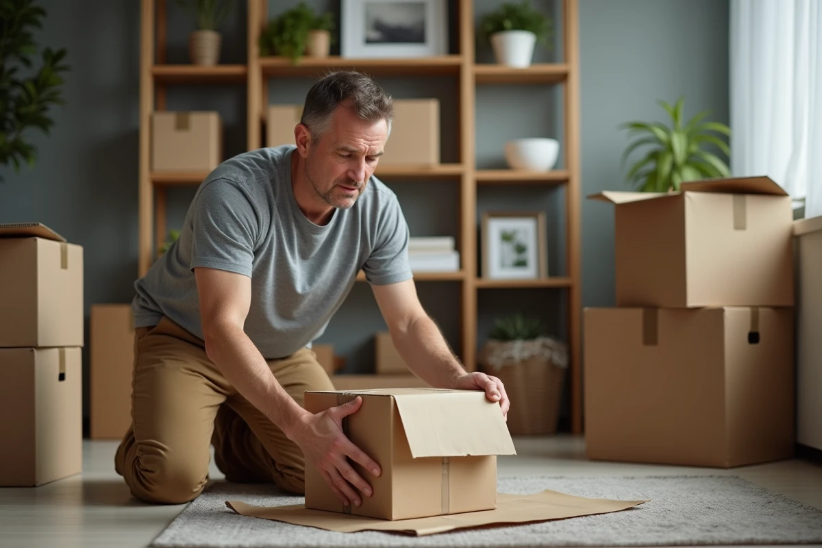 Homme emballant un verre dans une pièce à vivre organisée