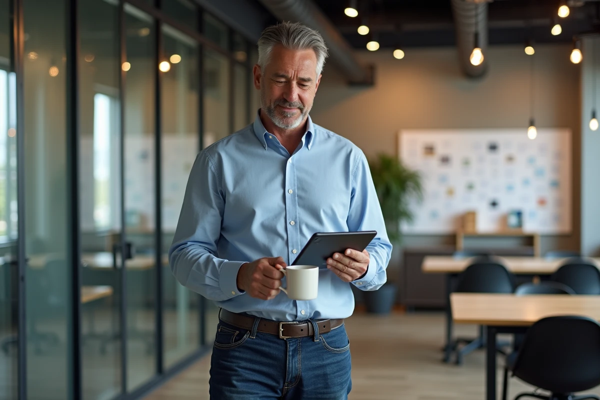Homme freelance vérifiant ses factures dans un espace de coworking