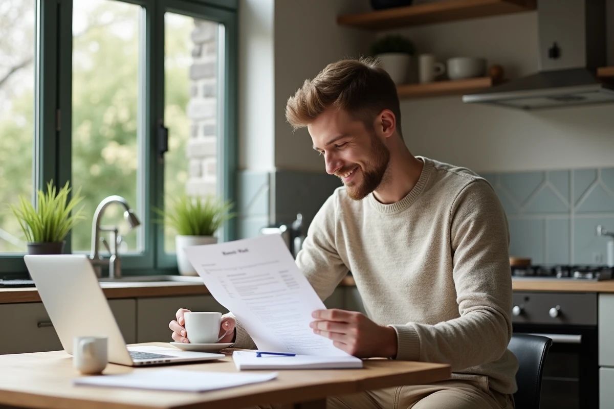 Homme lisant des documents dans une cuisine lumineuse