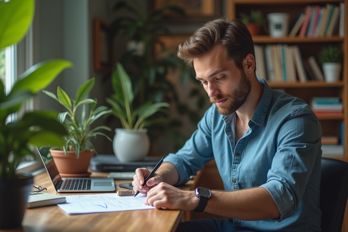 Jeune homme prenant des notes sur un carnet avec une tablette à côté