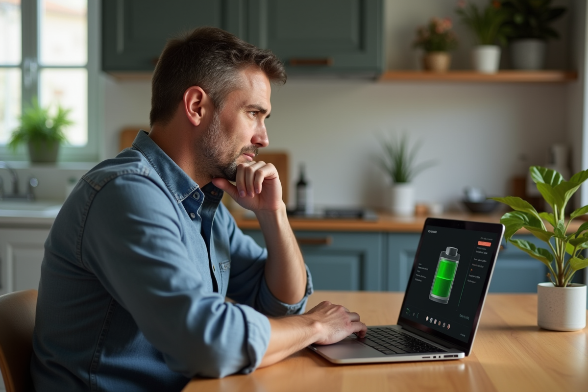 Homme d'âge moyen regardant un ordinateur avec diagramme de batterie virtuelle