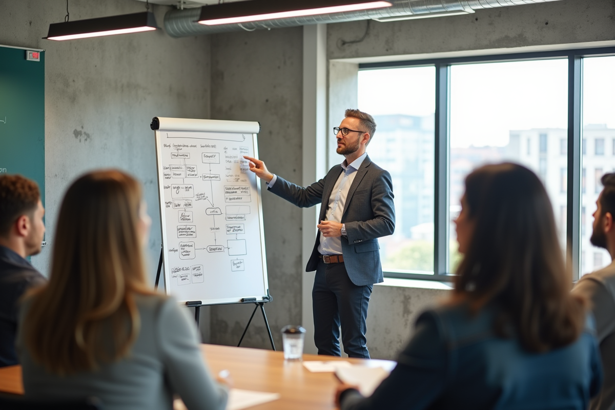 Homme en casual expliquant un diagramme à un groupe