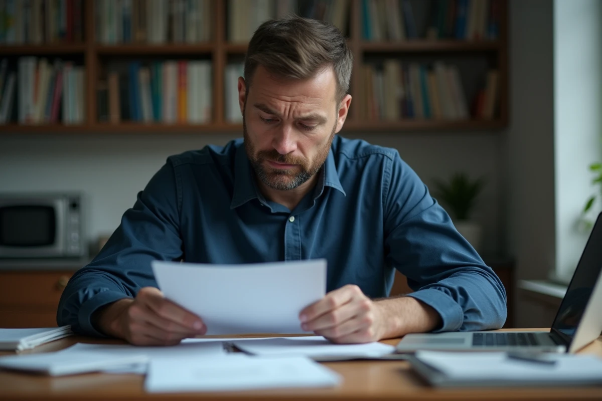 Homme inquiet lisant des documents officiels liés à une radiation Pôle emploi à son bureau à domicile