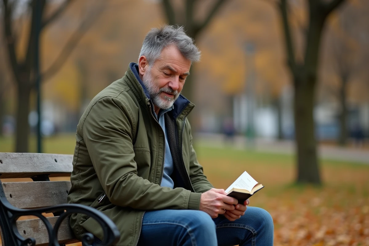 Homme se ressourçant dans un parc en lisant un carnet, symbolisant le rebond après l'épuisement professionnel