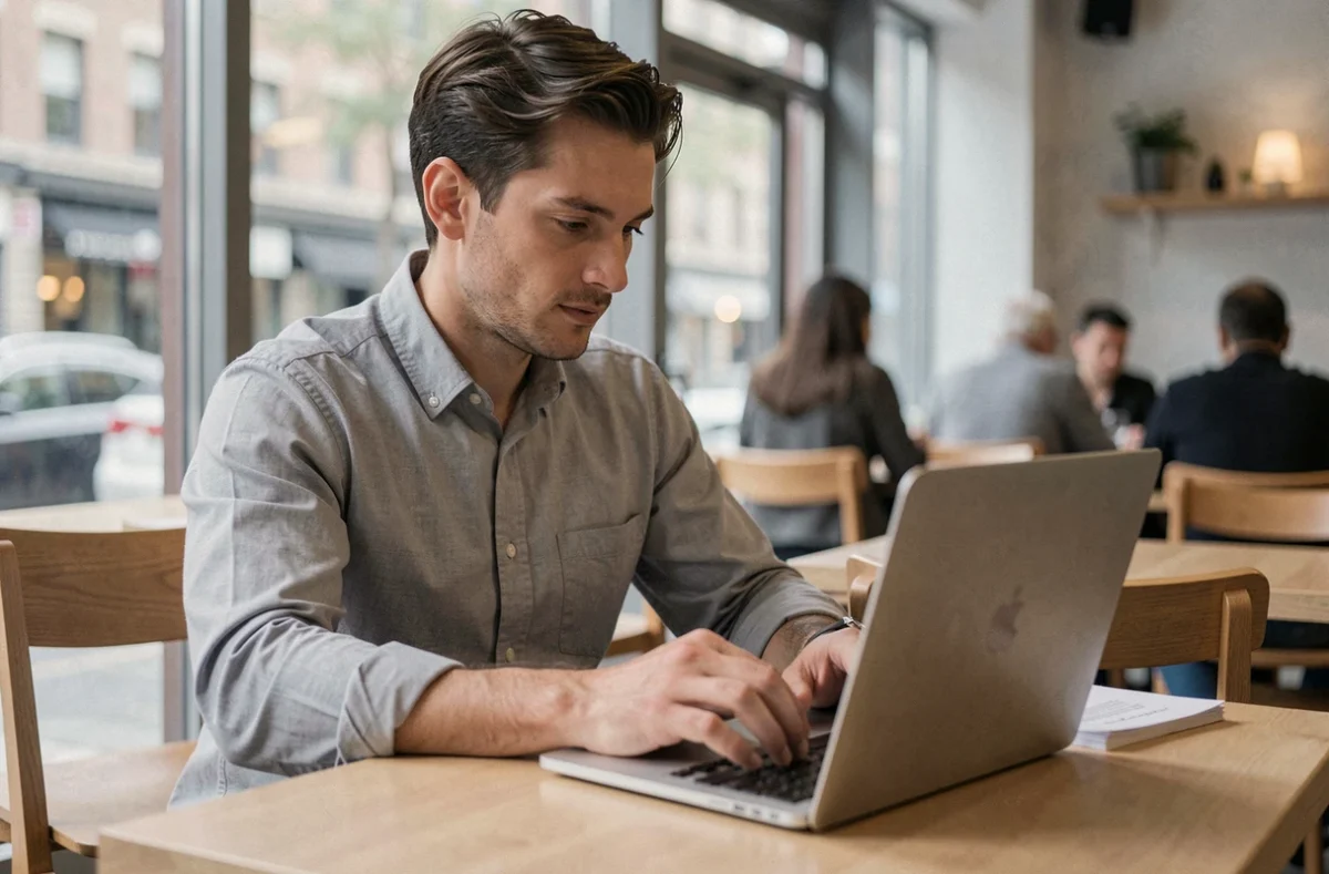 Homme tapant une lettre de motivation sur son ordinateur portable dans un café moderne