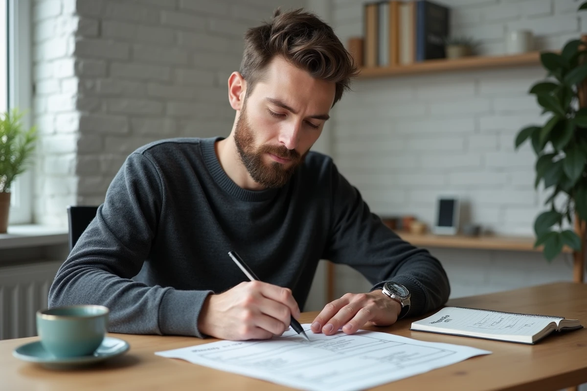 Homme concentré complétant seul un modèle d'analyse SWOT imprimé à son bureau à domicile dans un cadre minimaliste et épuré