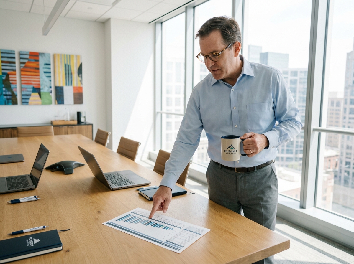 Homme d affaires avec mug et graphique en réunion