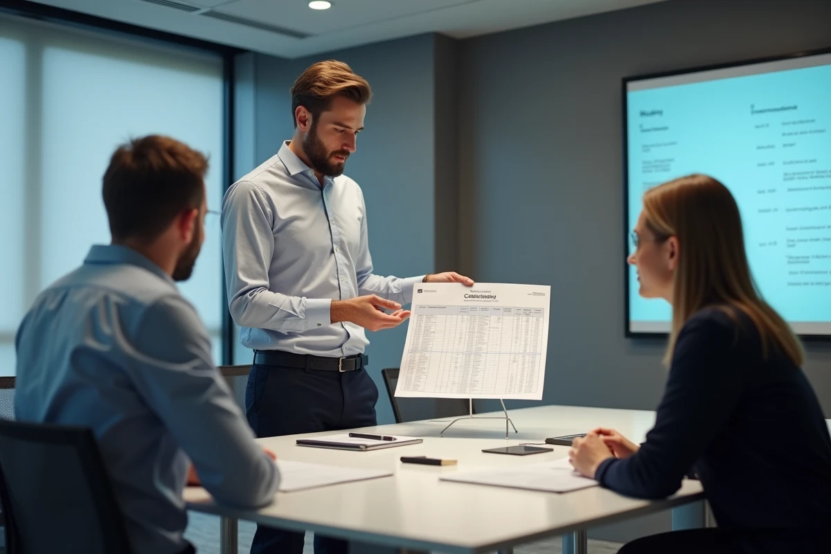 Jeune professionnel présente un graphique à ses collègues