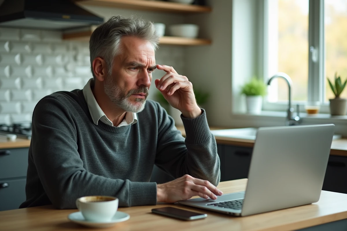 Homme stressé consultant le site Pôle emploi sur ordinateur à la maison, confronté à une radiation et perte d'indemnités chômage