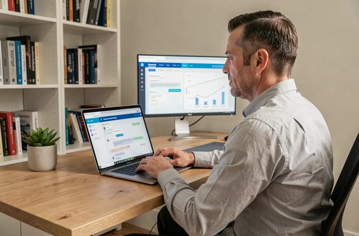 Homme d'affaires accédant à un support sécurisé en ligne depuis son bureau à domicile avec interface B2B