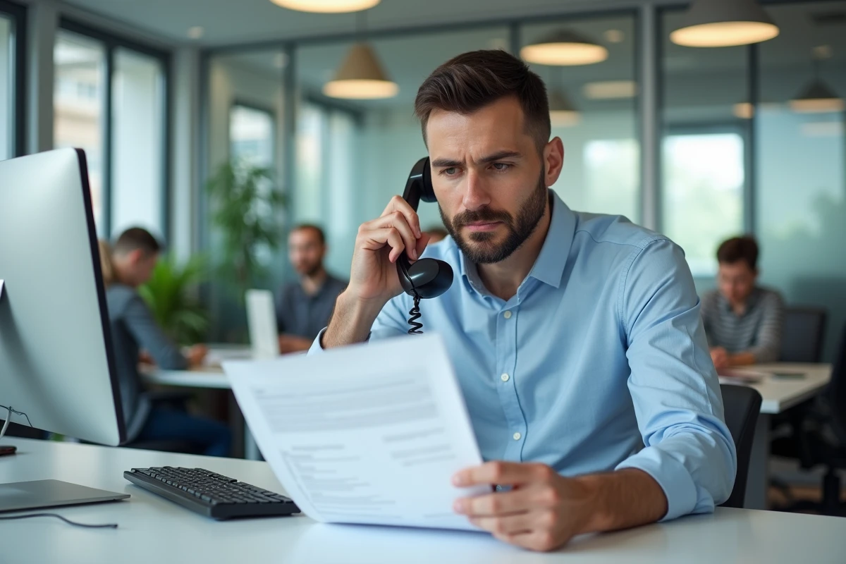 Homme en bureau professionnel contactant l'Urssaf par téléphone fixe avec documents administratifs