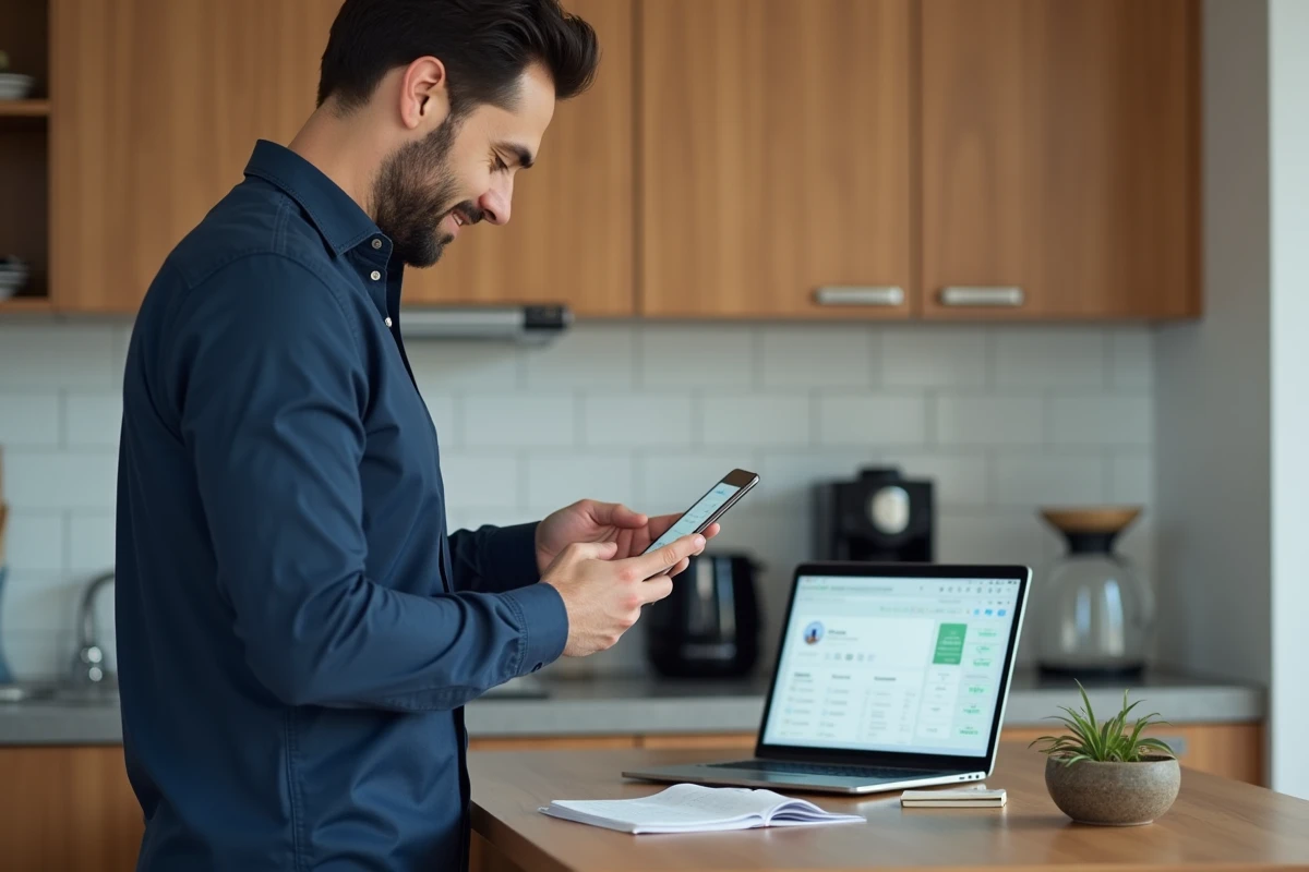 Homme en télétravail numérisant un reçu avec son smartphone dans une cuisine aménagée en espace de travail