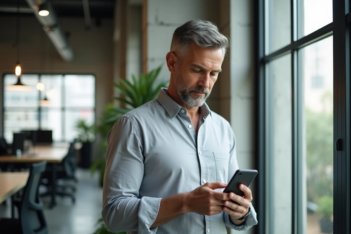 Homme d'affaires vérifiant les avis sur une plateforme en ligne depuis son smartphone dans un espace de co-working