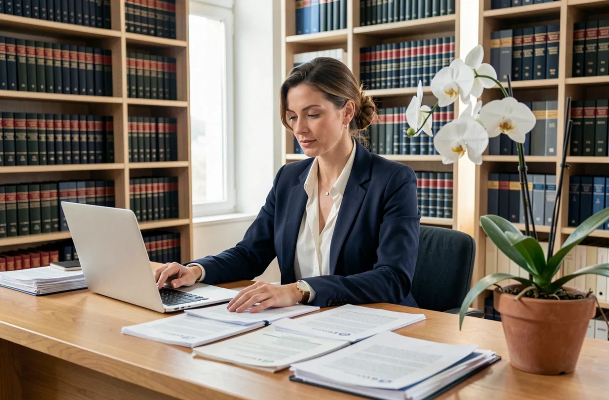 Avocate du cabinet Howard Avocats à Nantes, en costume bleu marine, consultant des dossiers juridiques à son bureau