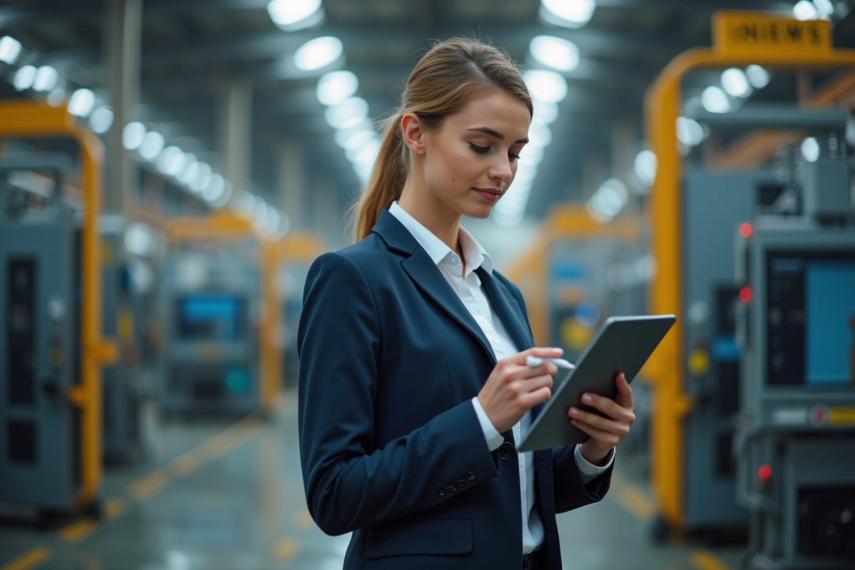Jeune inspectrice vérifiant une machine dans une usine