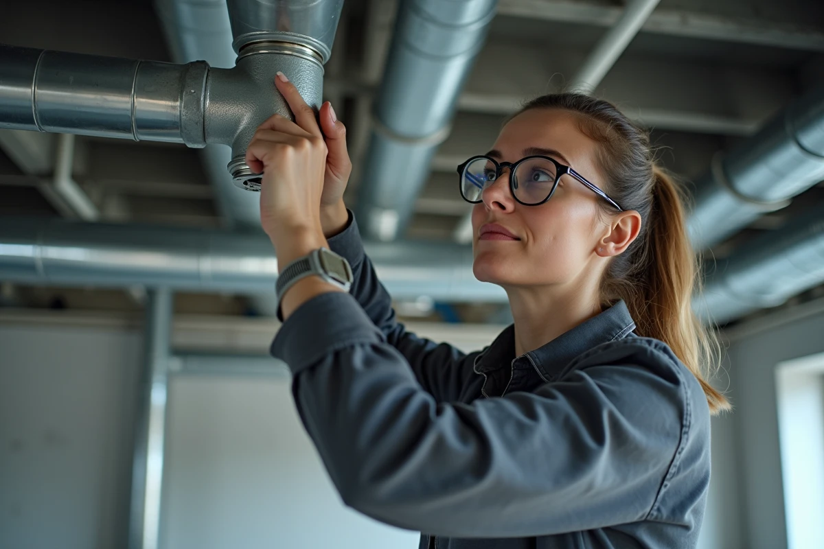 Plombière installant un raccord de tube inox dans le réseau de tuyauterie d'un bâtiment commercial