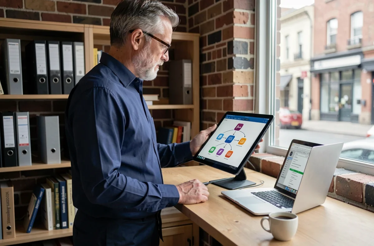Professionnel consultant un schéma d'intégration d'outils métier sur une tablette dans un bureau à domicile