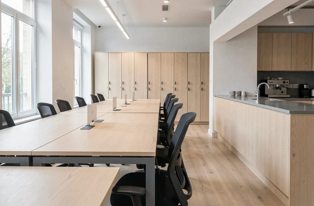 Vue intérieure d'un espace de coworking à Tours avec bureaux partagés, casiers en bois et coin café