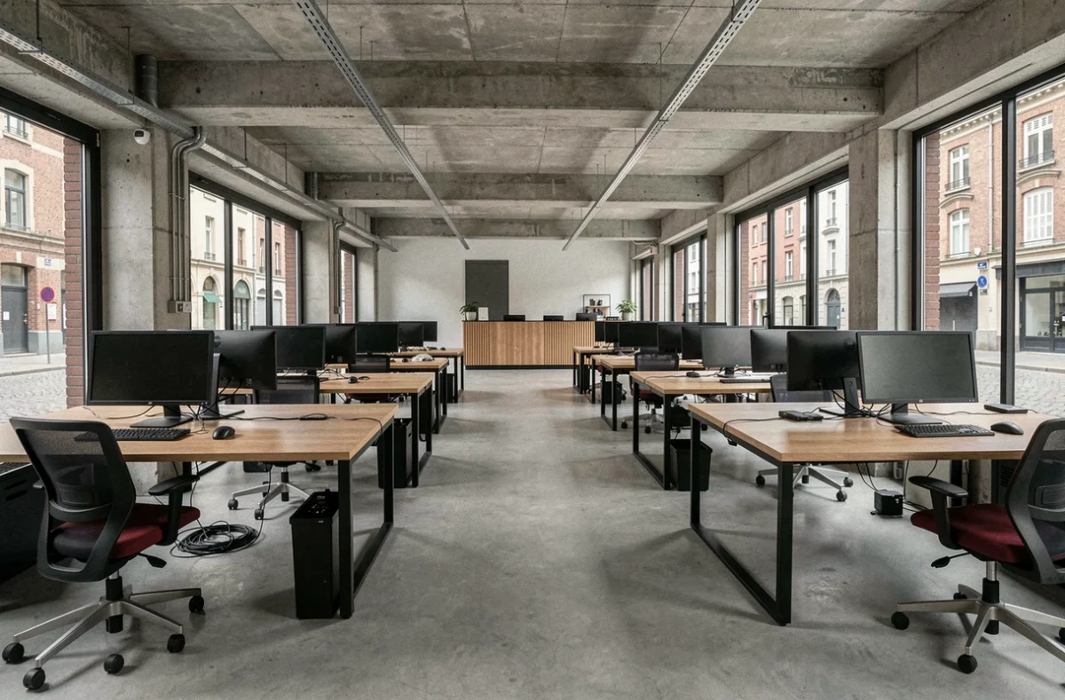 Vue grand angle d'un espace de coworking vide avec bureaux en bois, sol en béton poli et fenêtres donnant sur une rue pavée du centre de Cambrai