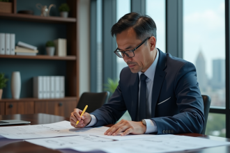 Inventeur homme d'âge moyen examinant des documents de brevets dans un bureau moderne