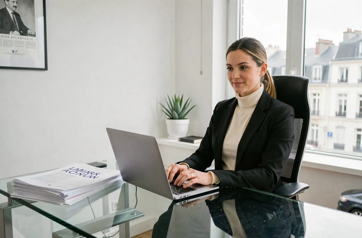 Avocate du cabinet Ipso Facto Avocats en blazer noir dans un bureau minimaliste, travaillant sur un dossier de droit du travail