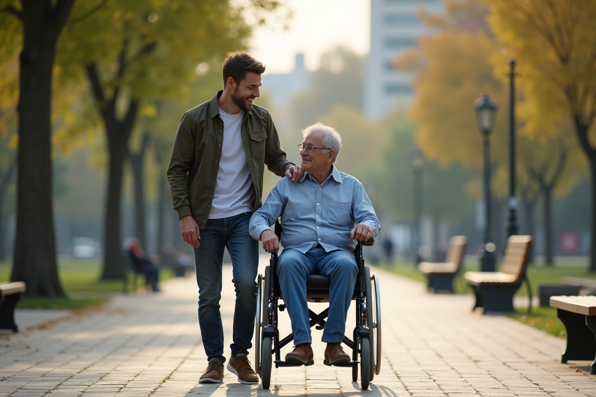 Jeune homme aidant une personne agee en fauteuil dans un parc
