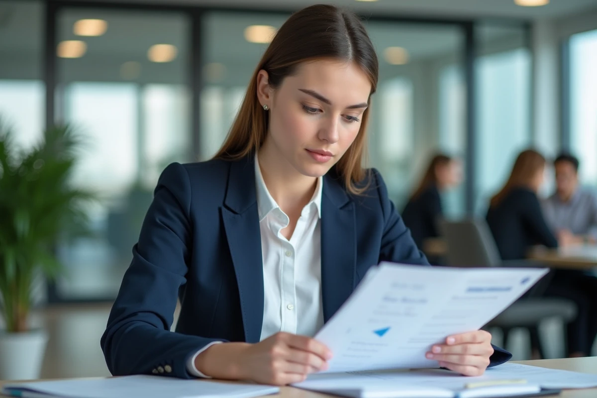 Jeune femme en blazer marine travaillant sur des documents financiers dans un cabinet d'audit moderne, illustrant l'intégration professionnelle sans grande école