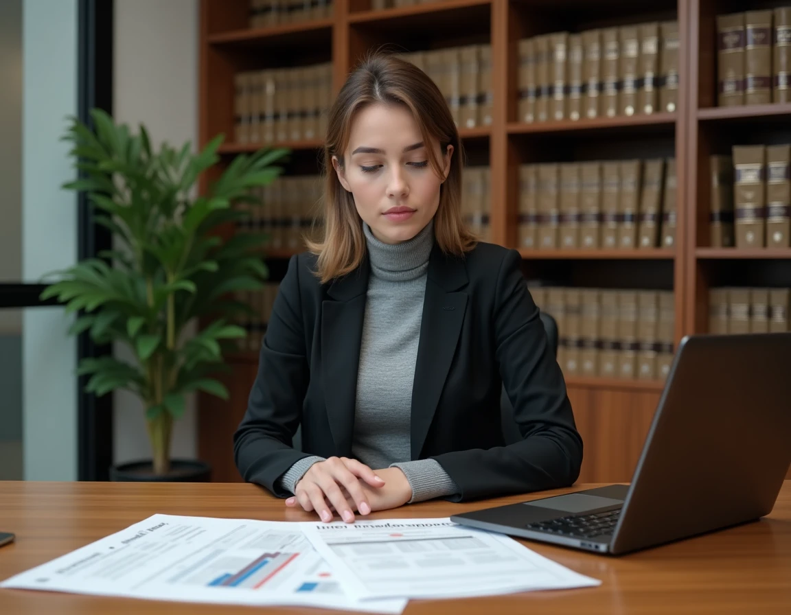 Jeune avocate analysant des données salariales et des perspectives de carrière dans son bureau juridique