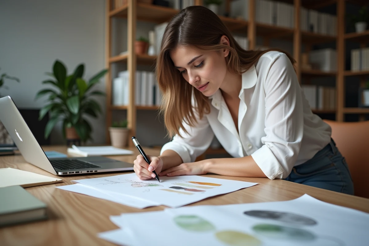 Jeune femme designer en train de dessiner dans son atelier moderne