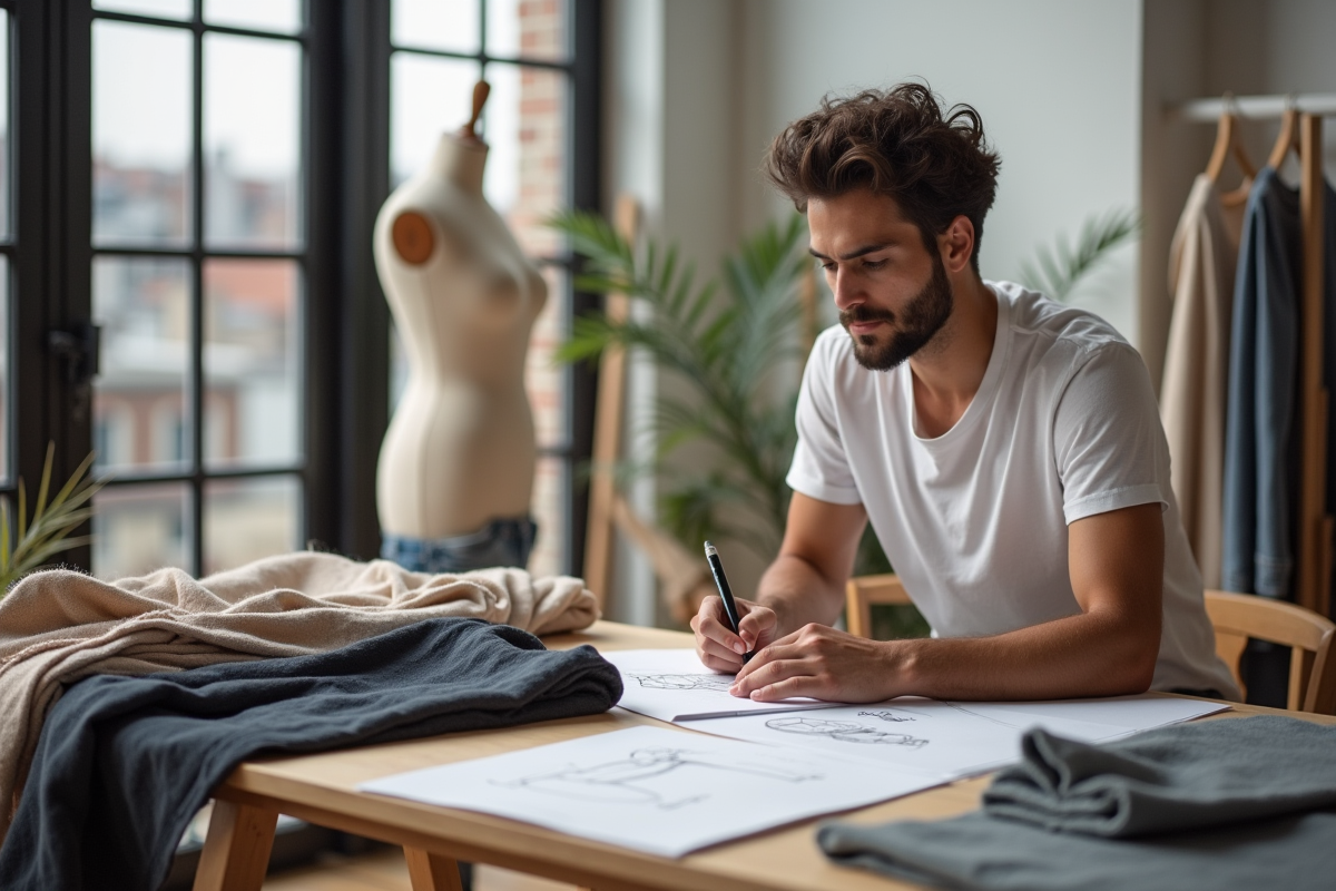 Jeune designer homme esquissant vêtements dans son studio