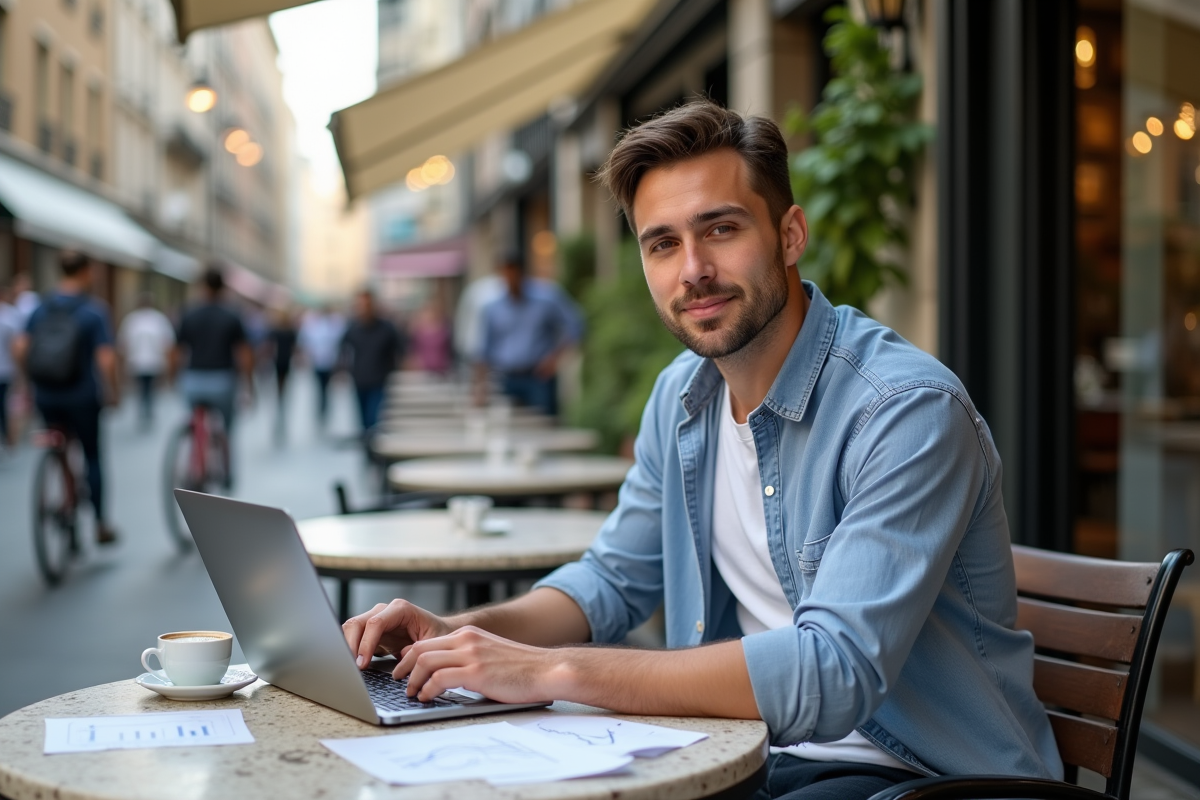 Jeune entrepreneur au café analysant des graphiques pour un article sur l