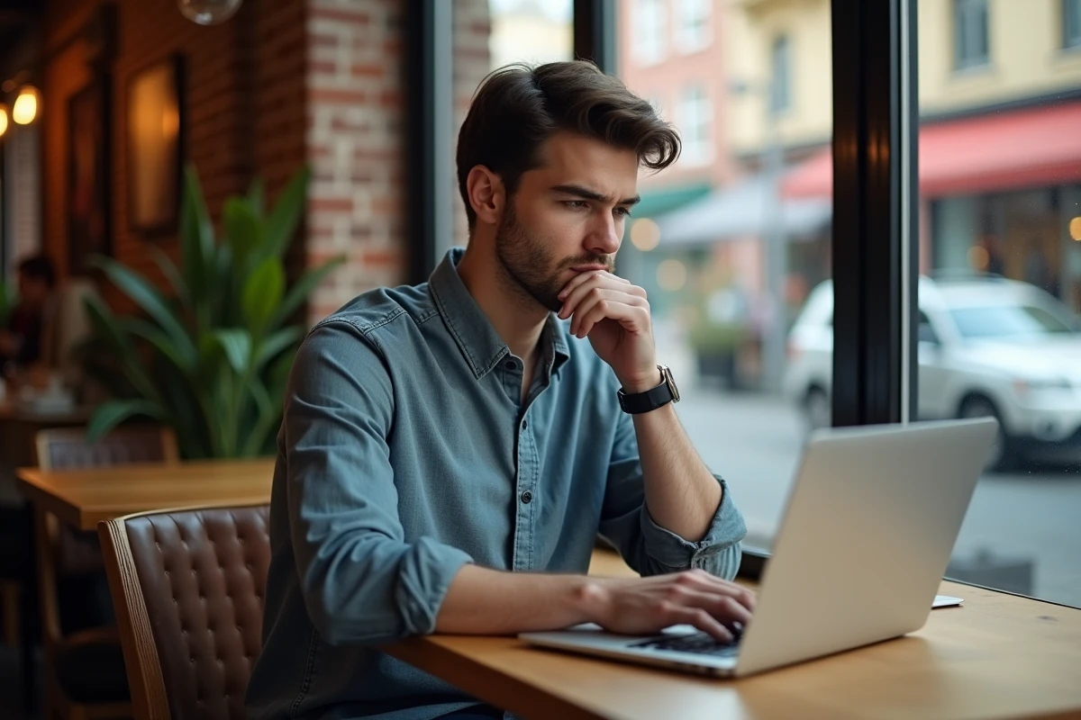 Jeune entrepreneur seul au café avec son ordinateur portable