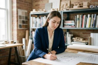 Jeune femme en studio d'architecture en train de dessiner